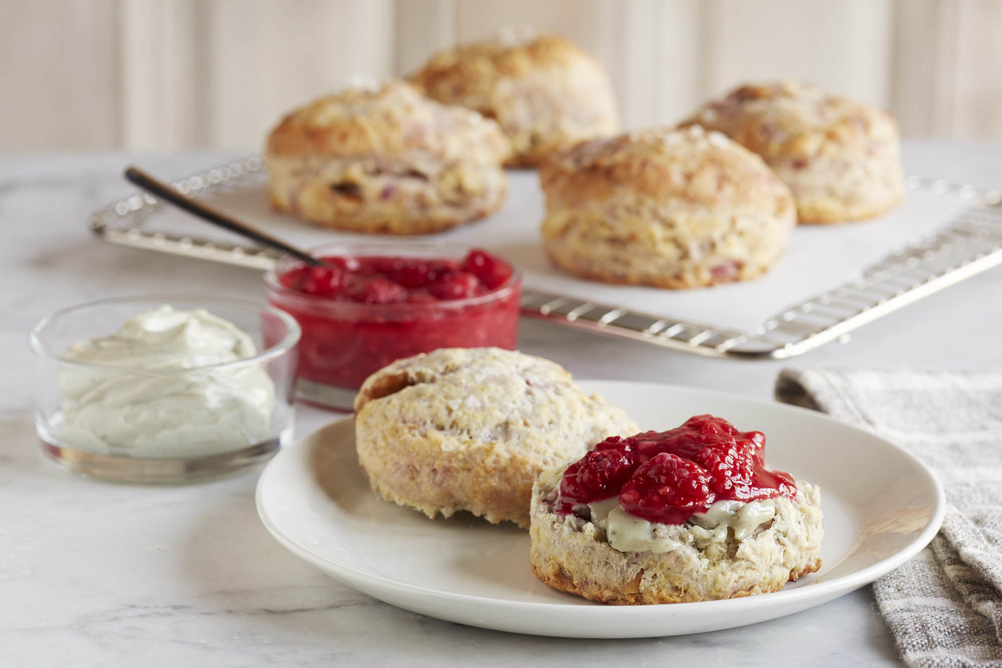 Raspberry Biscuits with Blue Cheese Butter and RaspberryRhubarb Jam