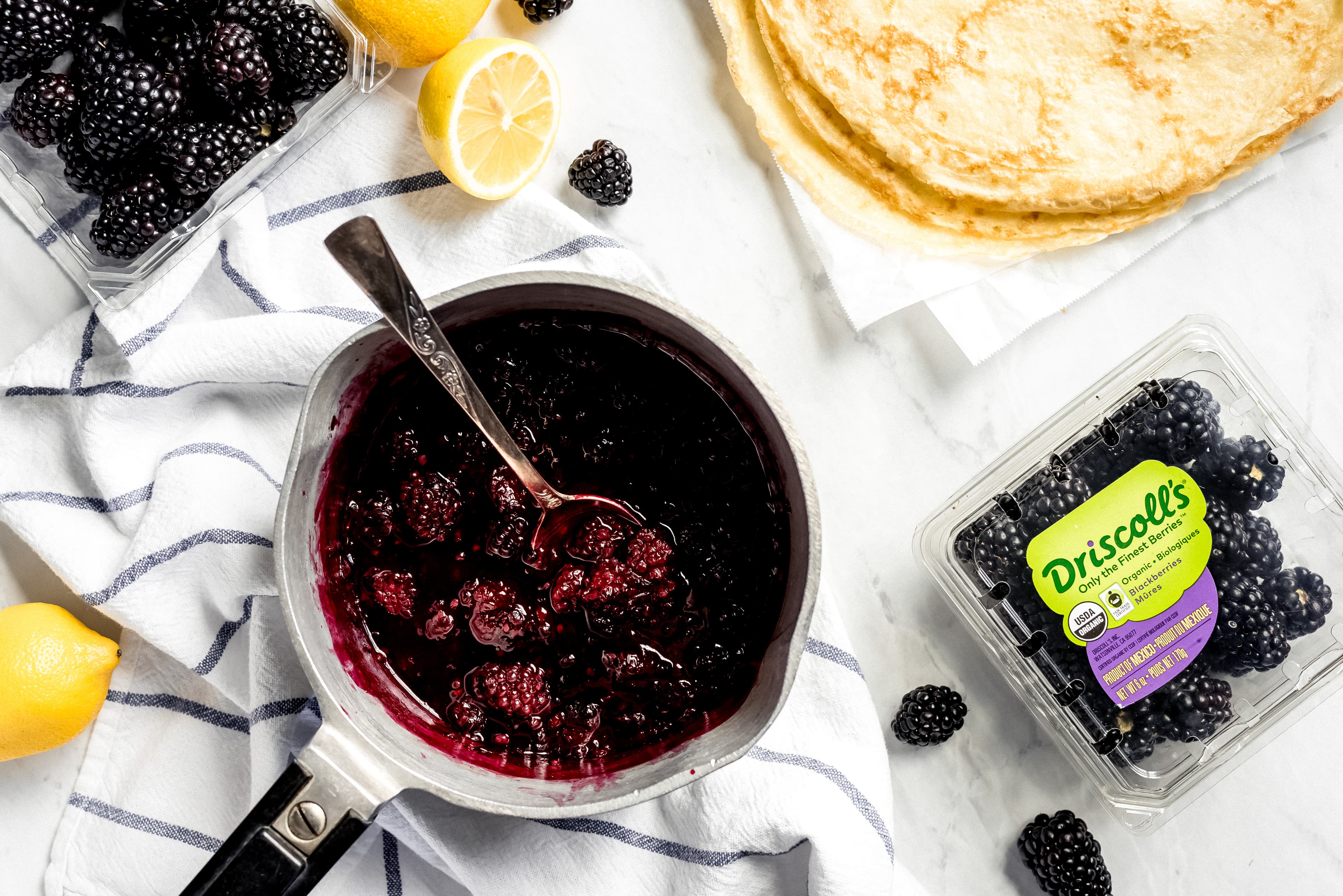 Lemon Crepes with Blackberry Compote