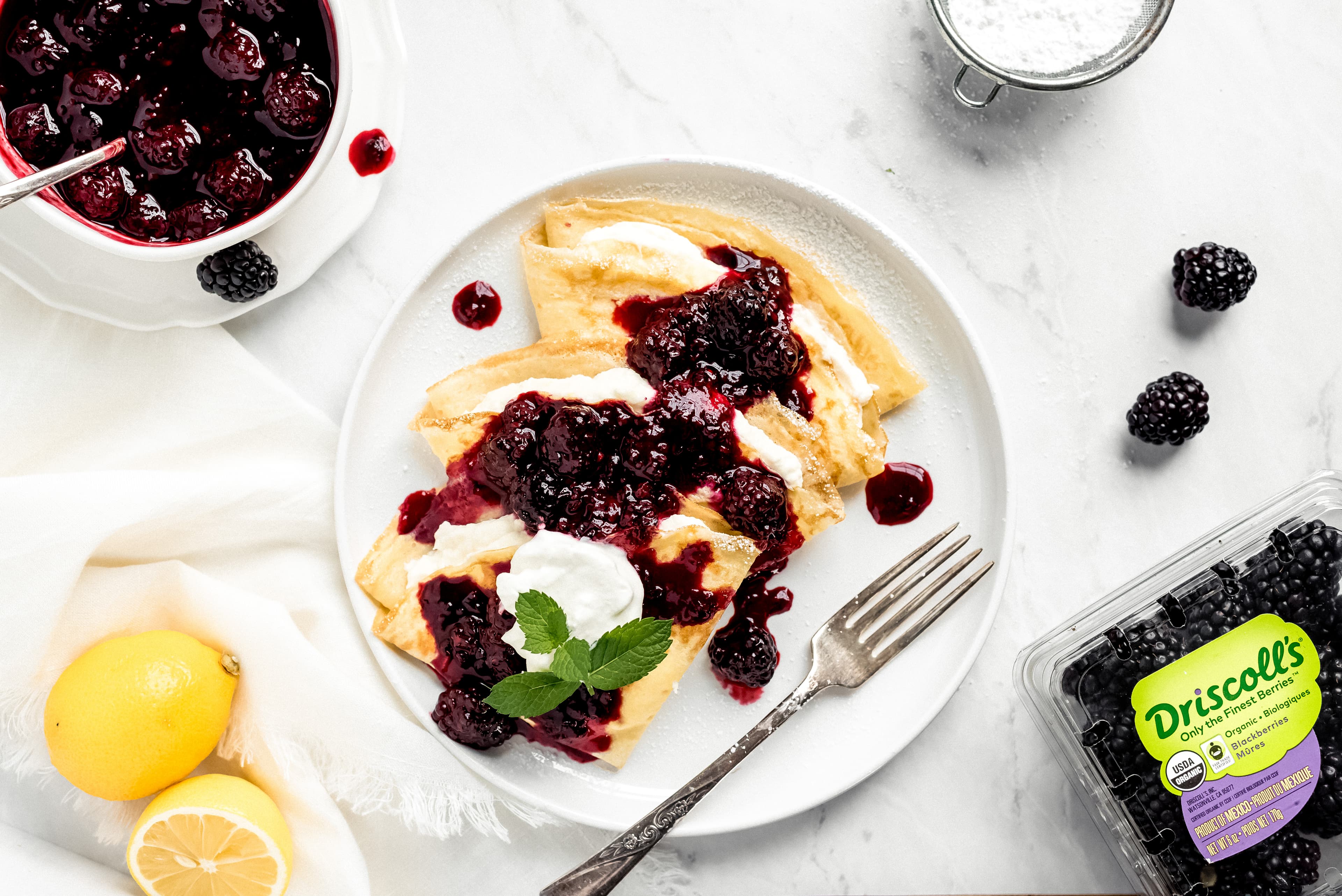 Lemon Crepes with Blackberry Compote