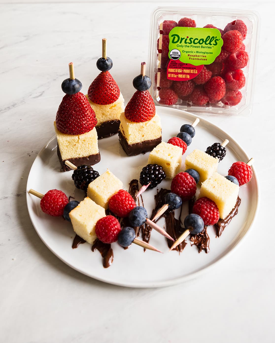 Driscoll's berries on skewers with pound cake