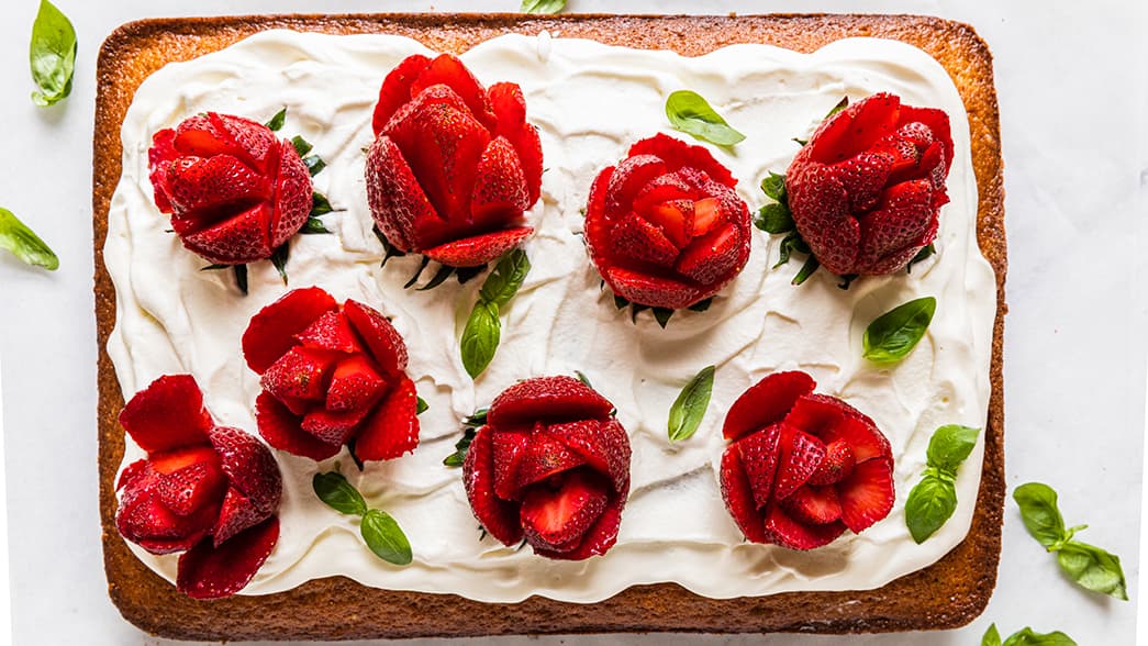 Driscoll's Easy Strawberry Cake with Basil and Strawberry roses