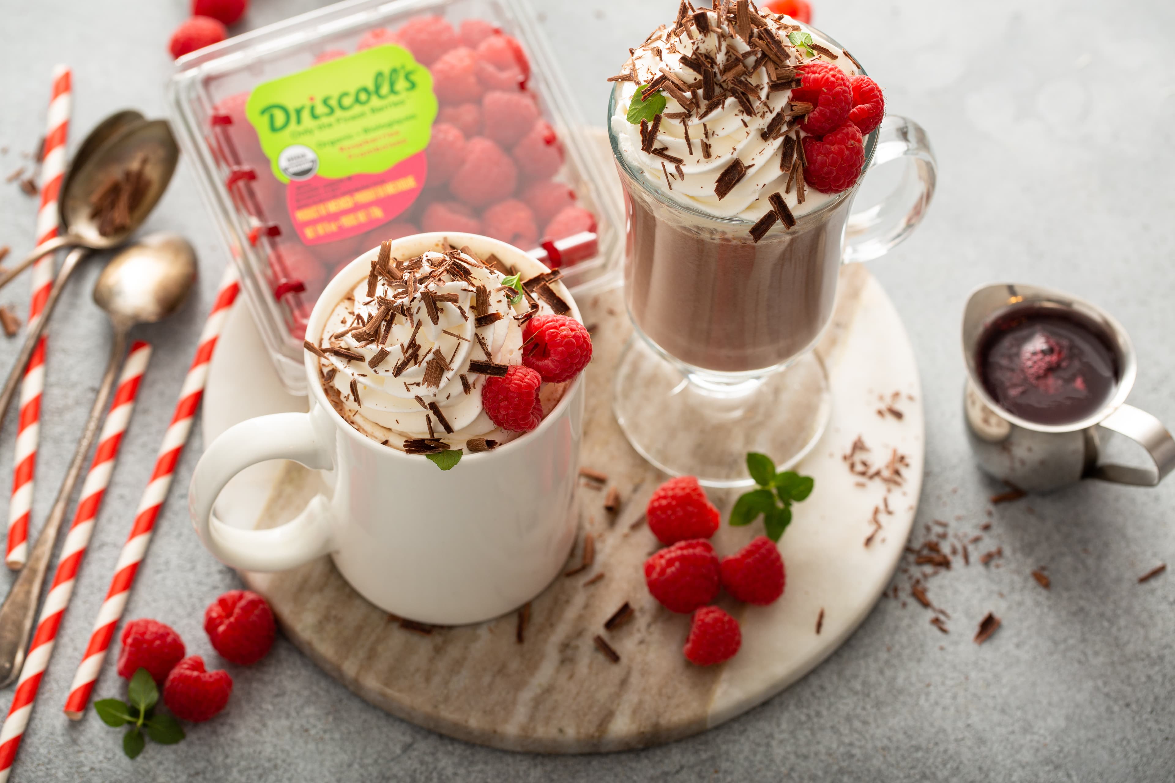 Raspberry Hot Chocolate with fresh Driscoll's raspberries