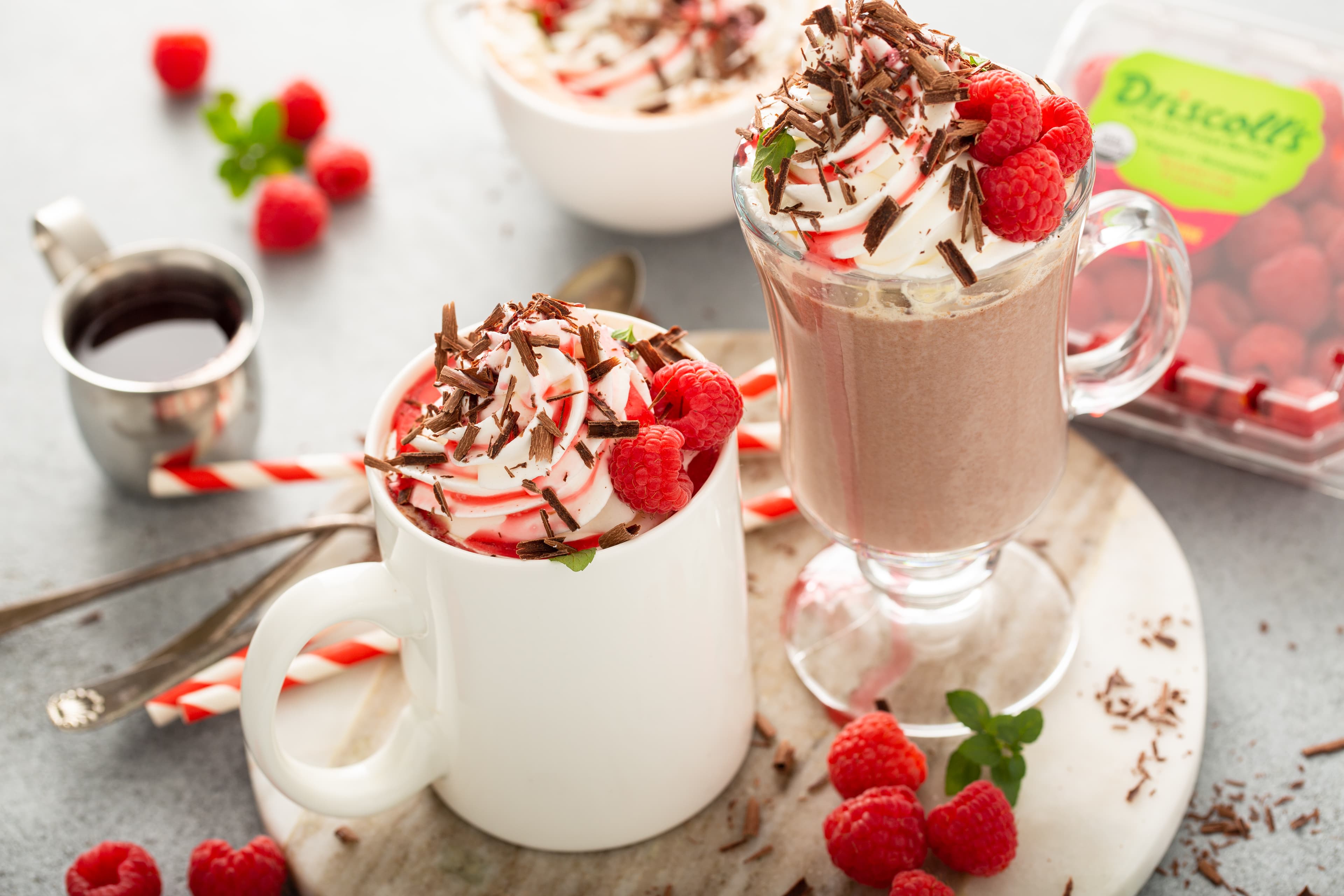 Raspberry Hot Chocolate with fresh Driscoll's raspberries