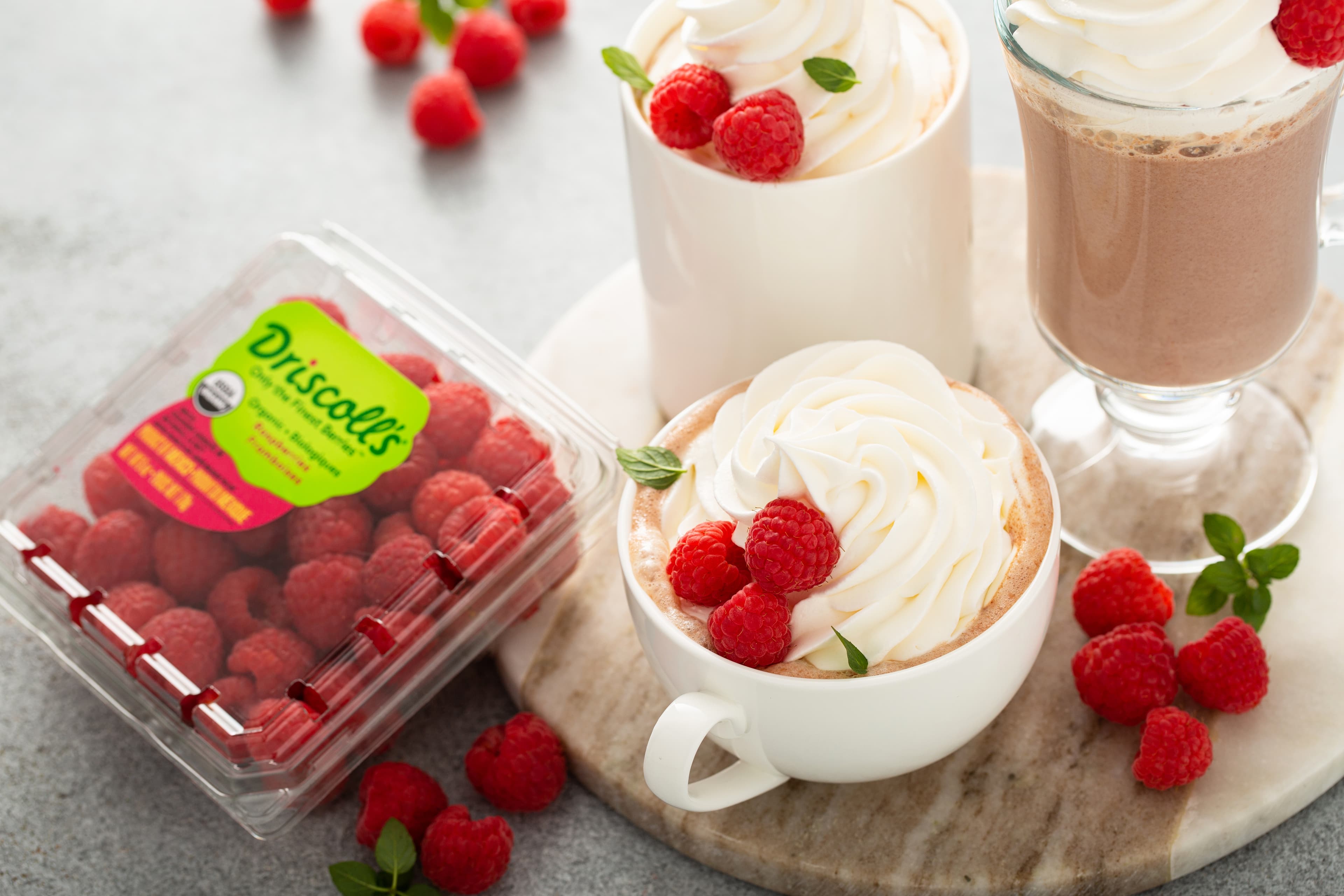 Raspberry Hot Chocolate with fresh Driscoll's raspberries