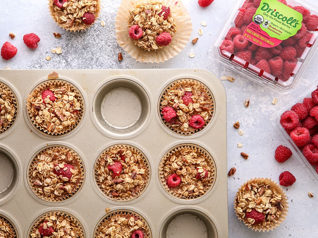 Raspberry Baked Oatmeal Cups in a muffin tin