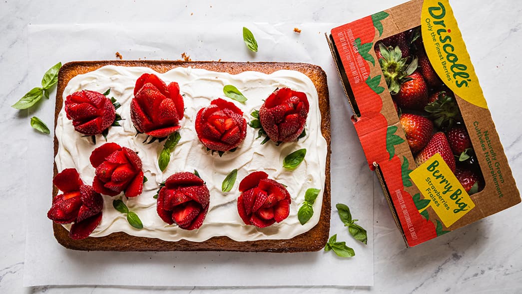 Driscoll's Easy Strawberry Cake with Basil and Strawberry roses