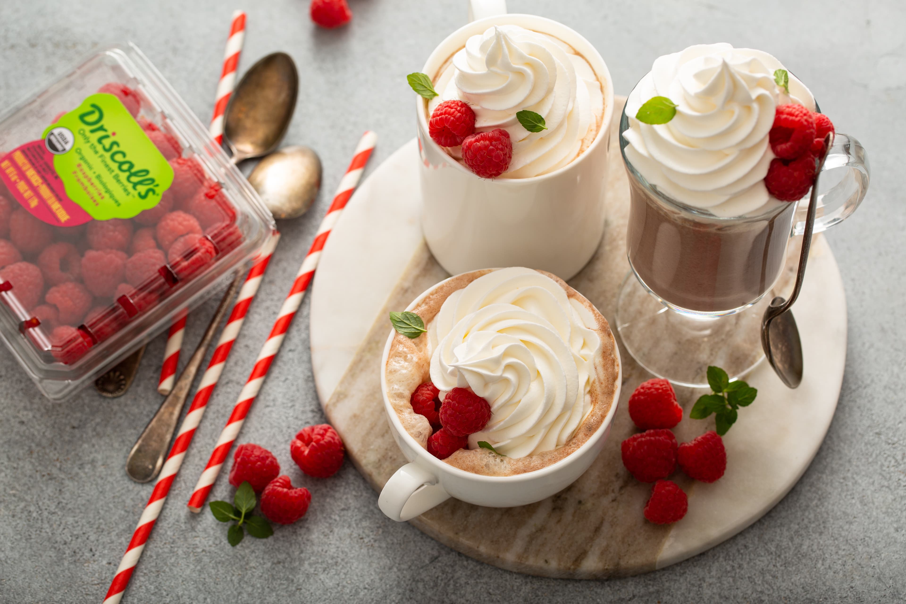 Raspberry Hot Chocolate with fresh Driscoll's raspberries