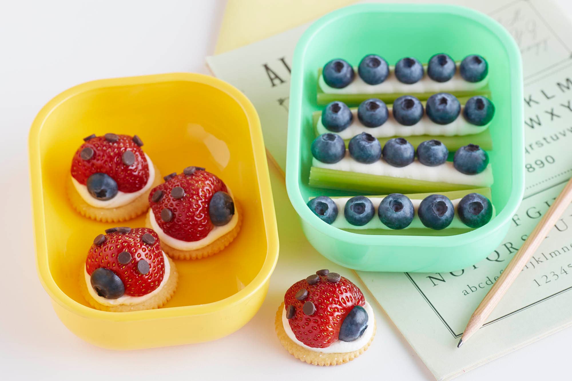 Bento box with treats decorated with berries to look like lady bugs and ants on a log